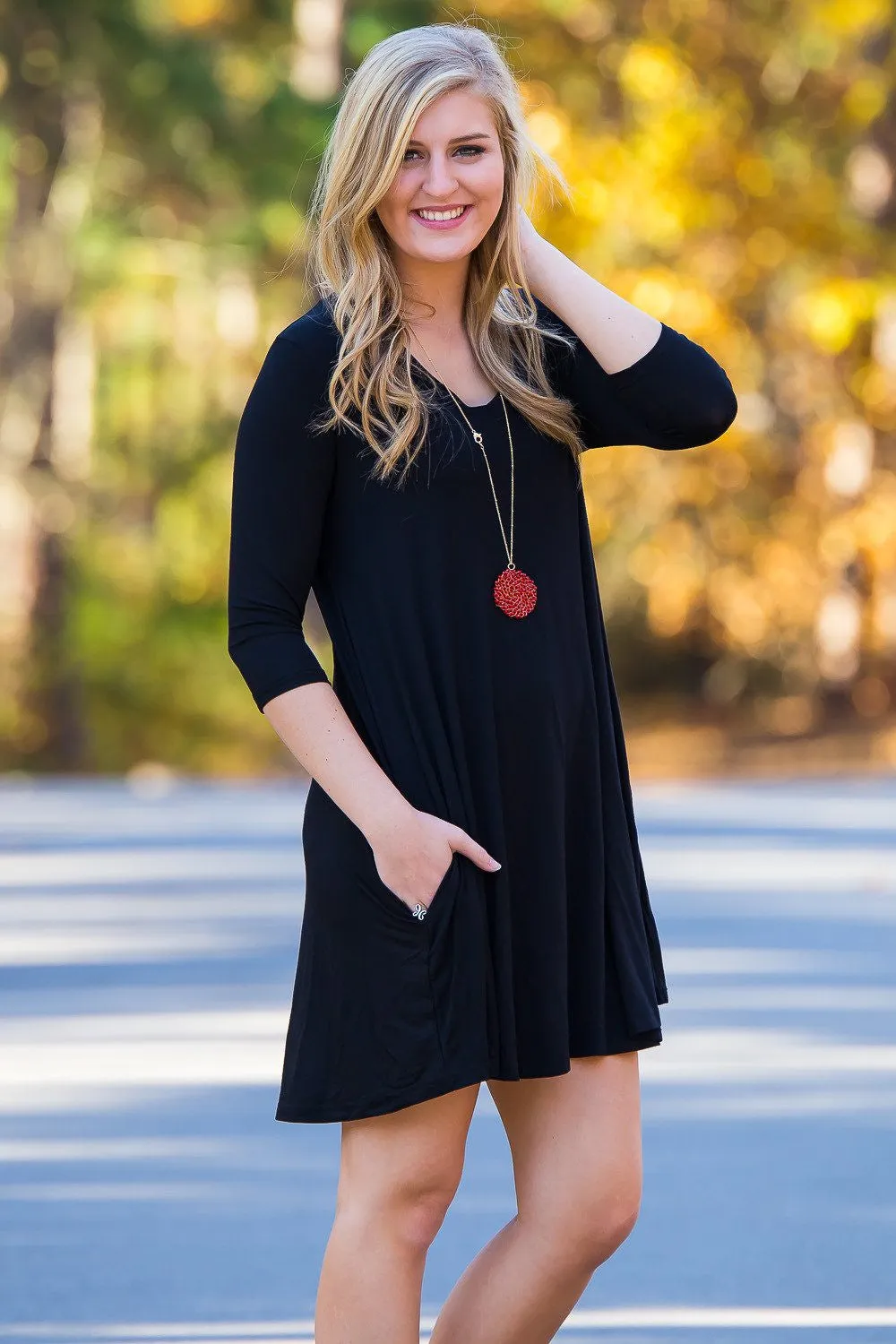 SALE-Piko 3/4 V-Neck Sleeve Swing Dress - Black