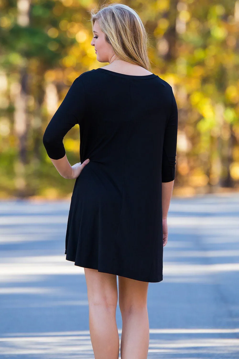 SALE-Piko 3/4 V-Neck Sleeve Swing Dress - Black