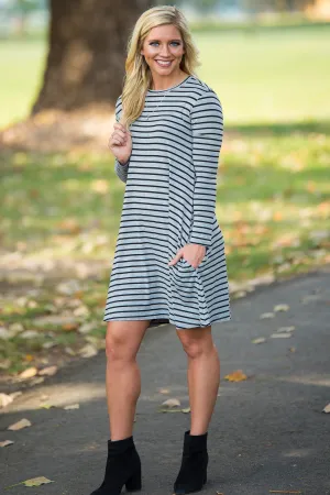 SALE-Piko Long Sleeve Tiny Stripe Swing Dress - Heather/Black