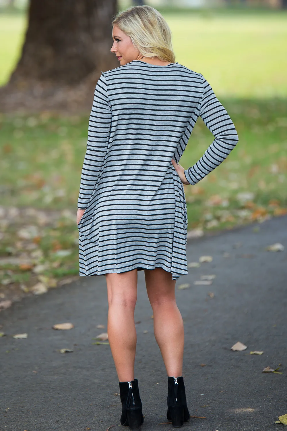 SALE-Piko Long Sleeve Tiny Stripe Swing Dress - Heather/Black