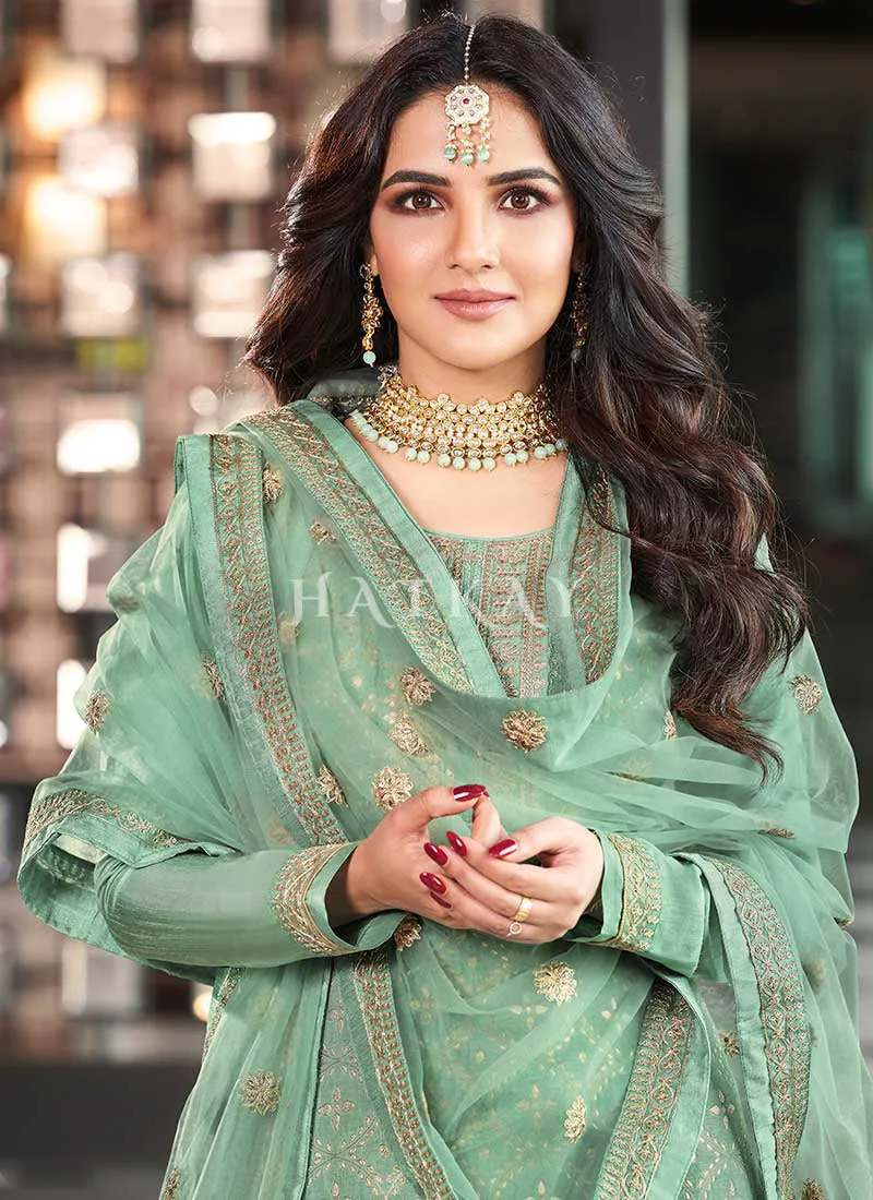 Sea Green Golden Embroidery Pant Style Suit