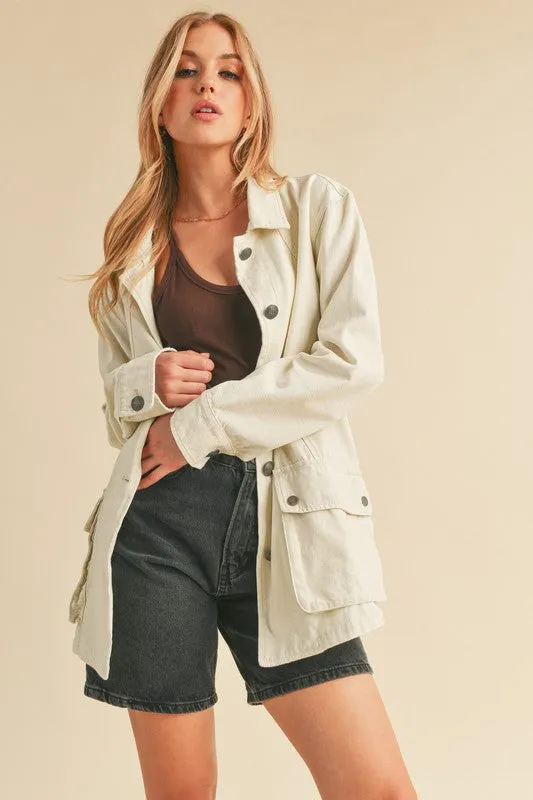 Seam Detail Button Up Ivory Jacket with Pockets