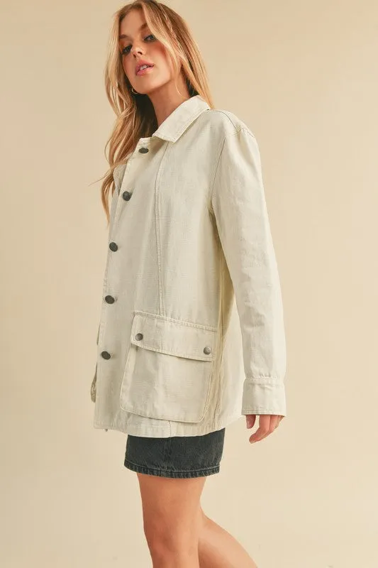 Seam Detail Button Up Ivory Jacket with Pockets
