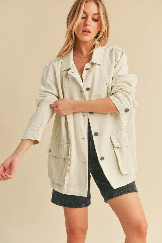 Seam Detail Button Up Ivory Jacket with Pockets