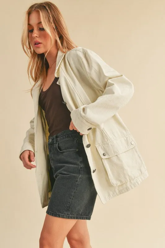 Seam Detail Button Up Ivory Jacket with Pockets