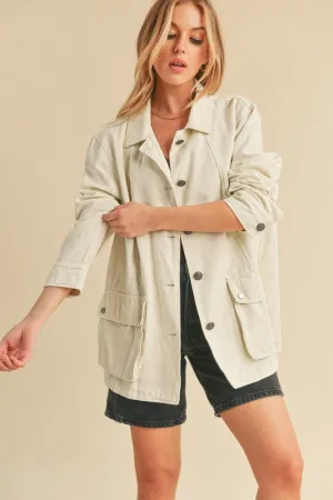 Seam Detail Button Up Ivory Jacket with Pockets