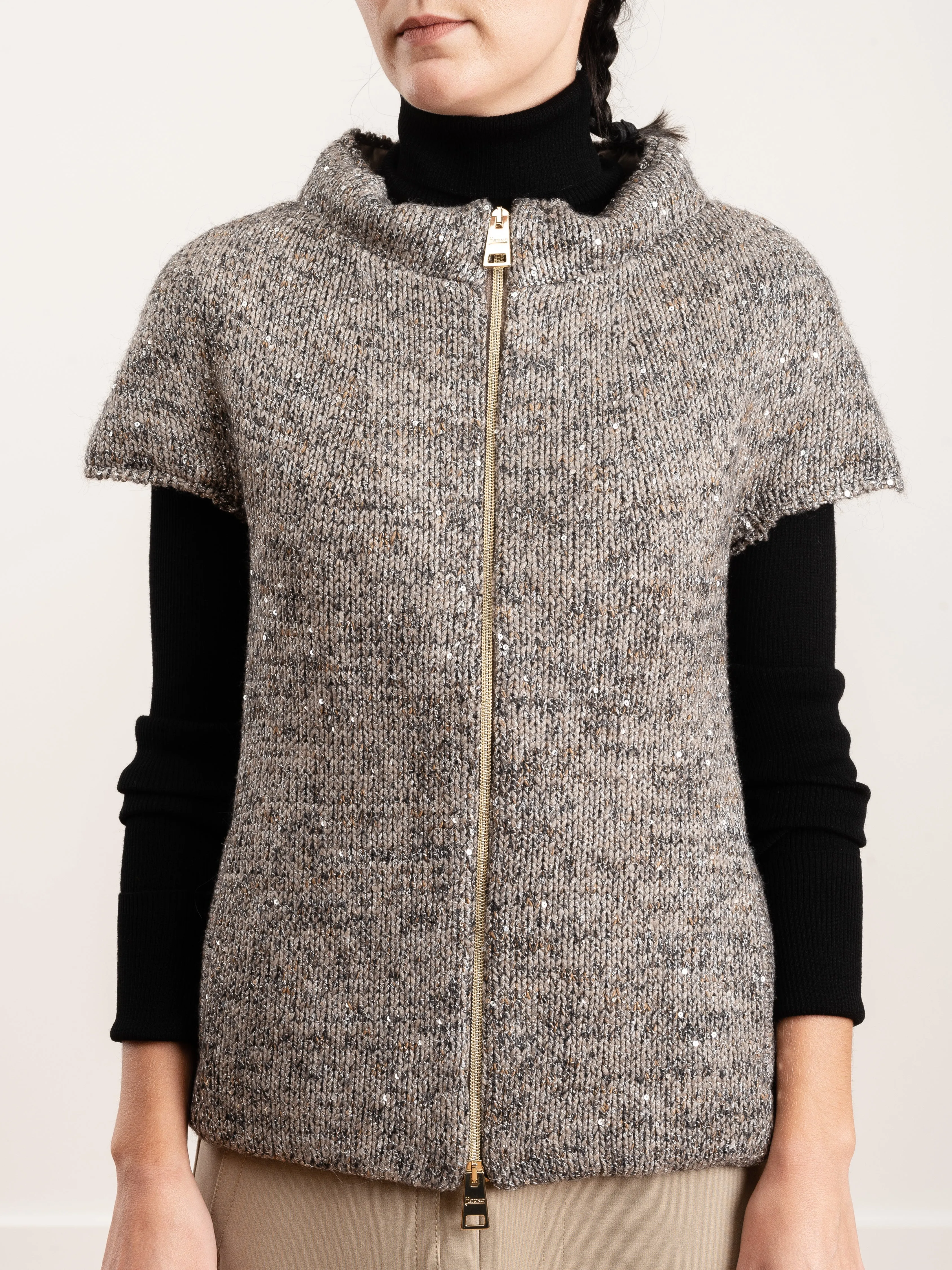 sequin knit cap sleeve - taupe