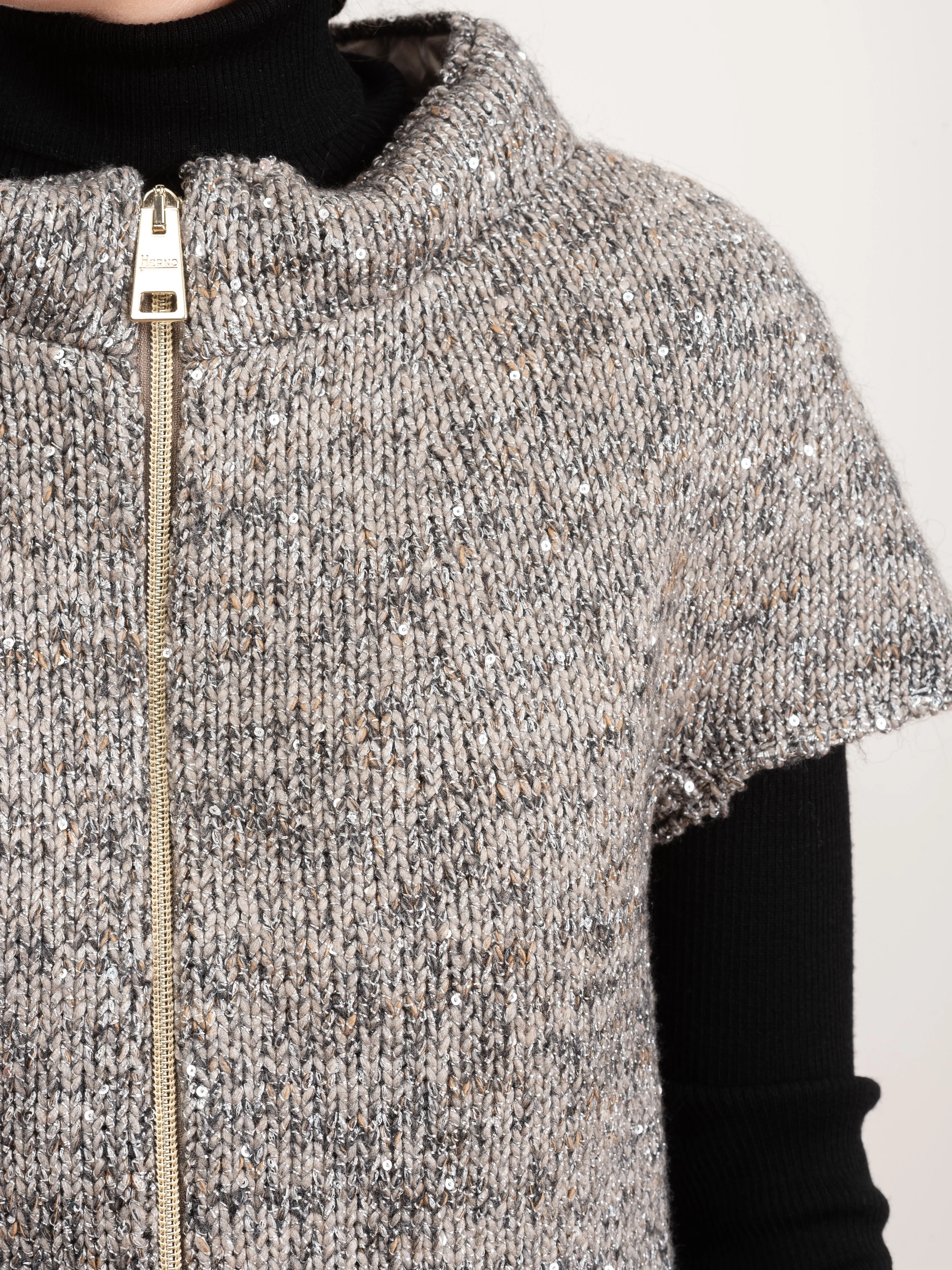 sequin knit cap sleeve - taupe