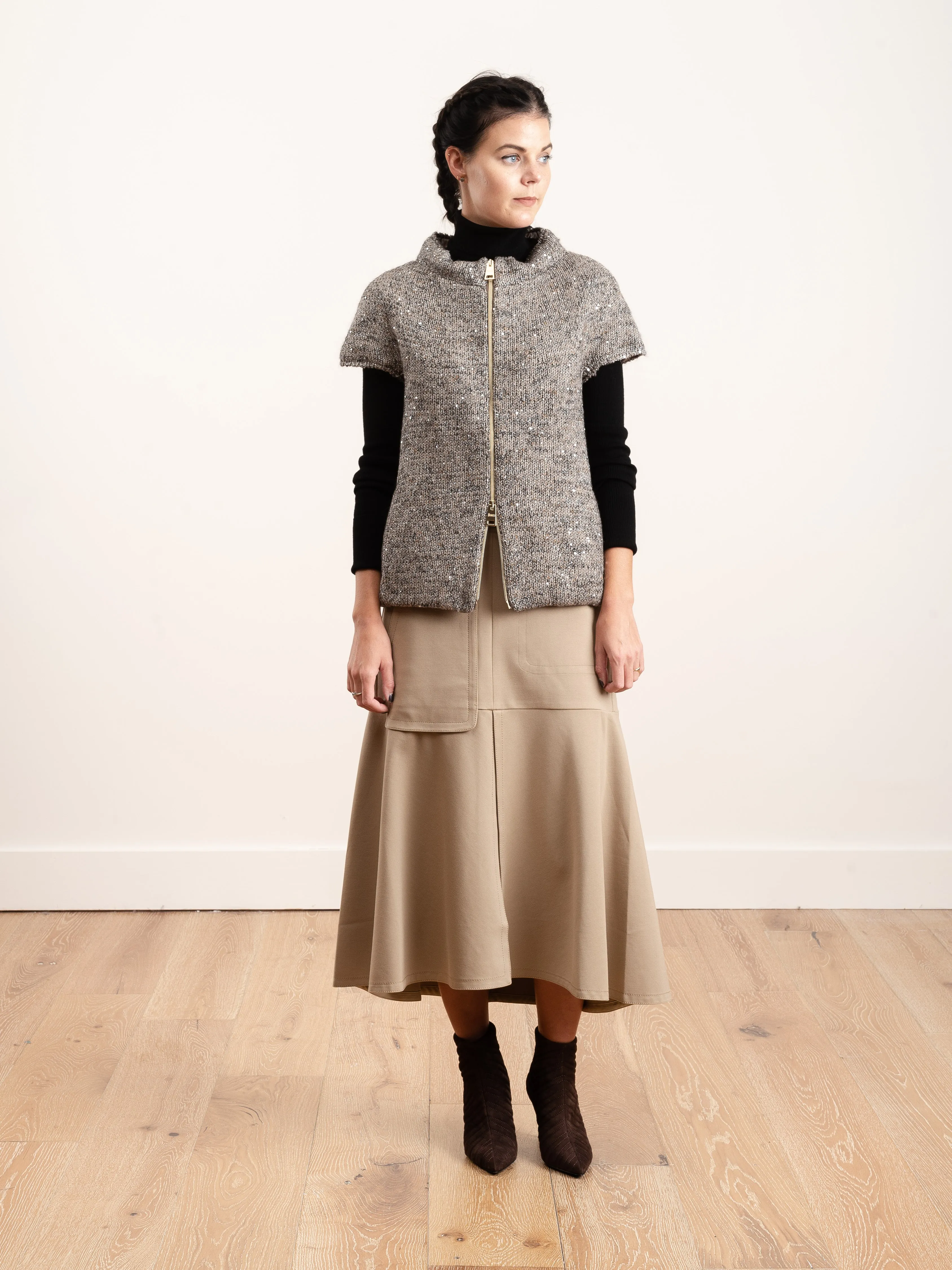sequin knit cap sleeve - taupe