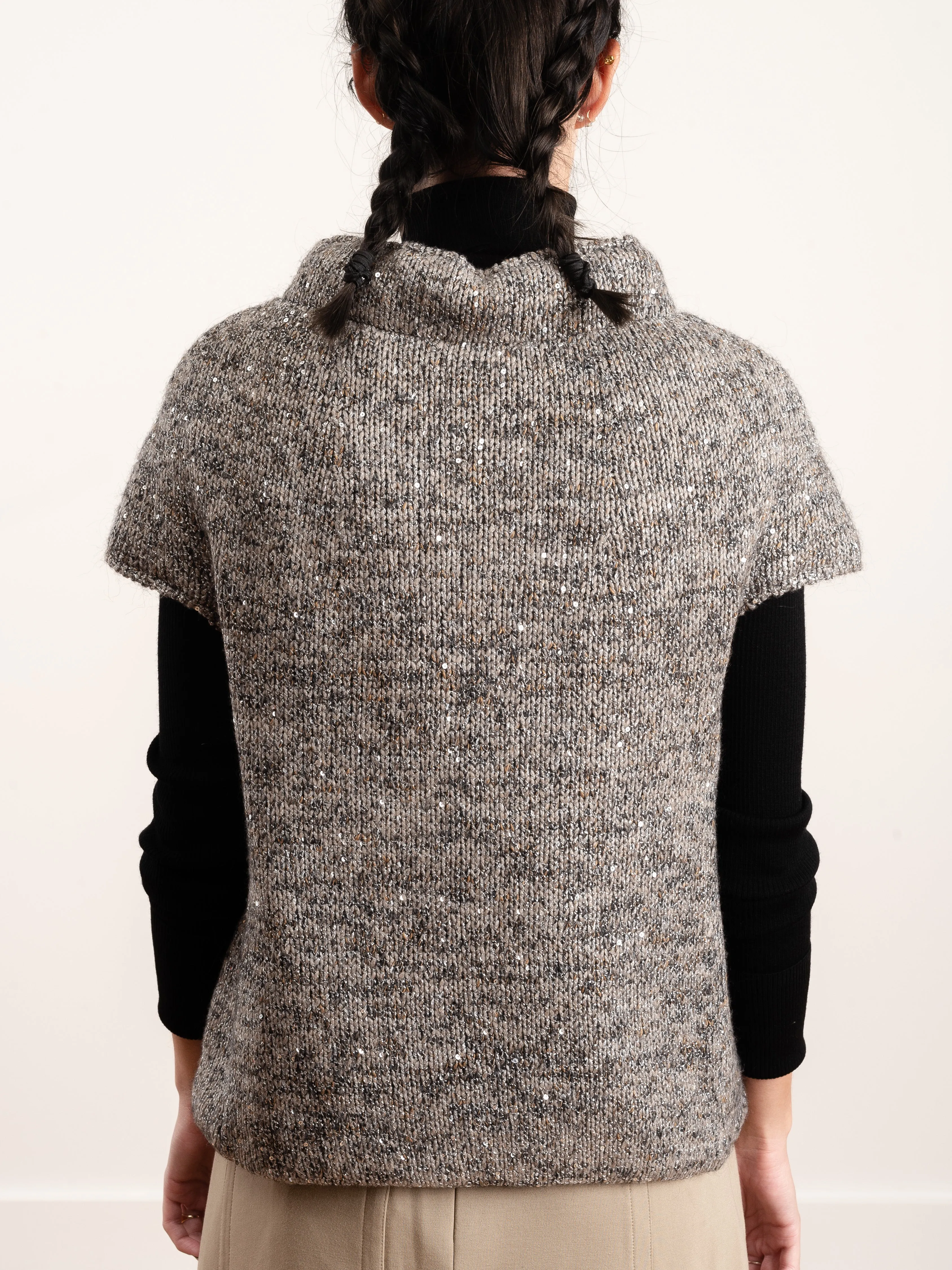 sequin knit cap sleeve - taupe