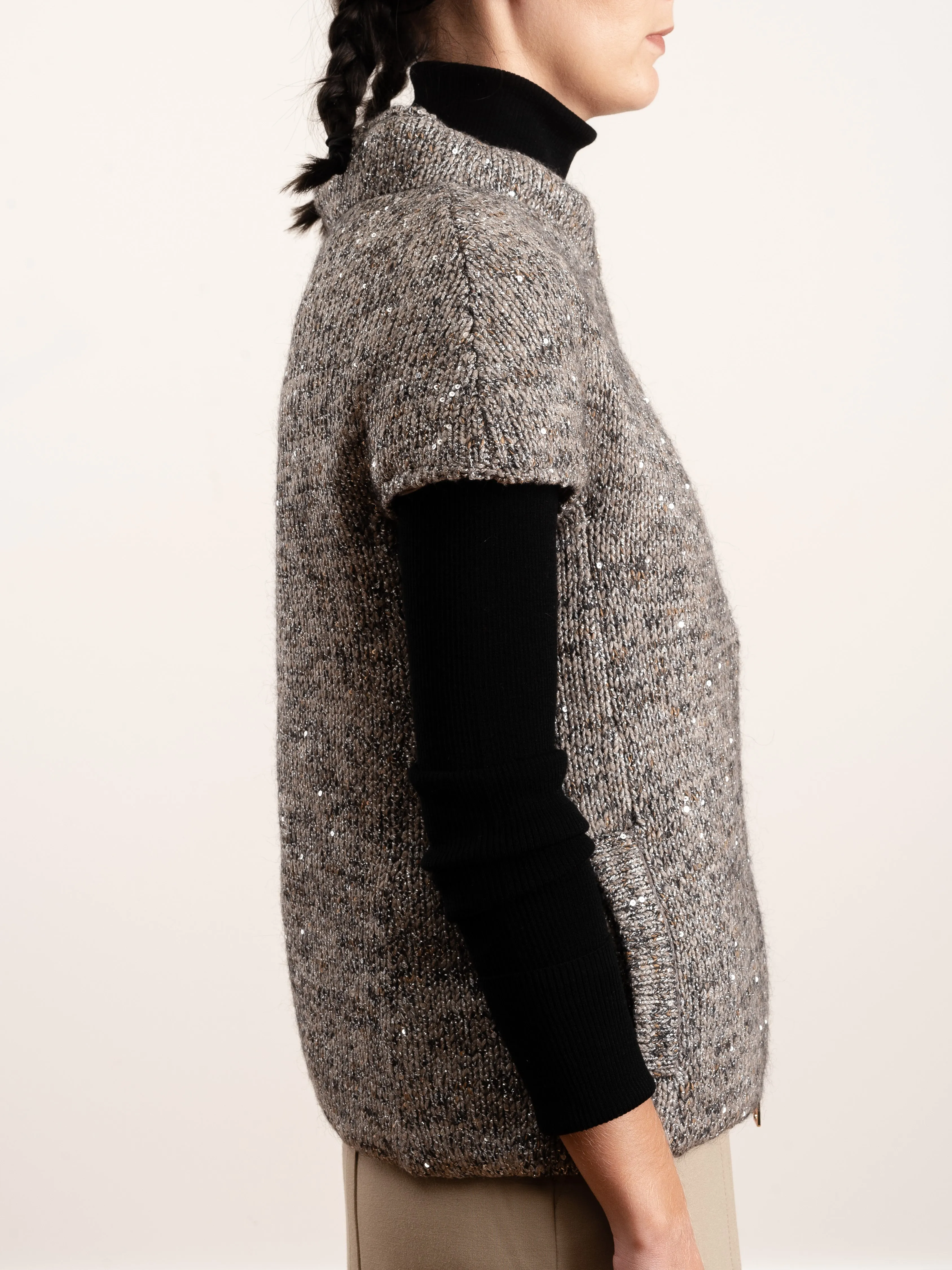 sequin knit cap sleeve - taupe