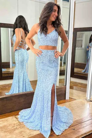 Sequins 2 Piece Prom Dress Light Blue 2025 Long V Neck Mermaid Lace-Up Slit