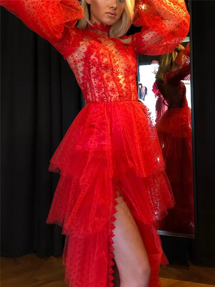 Sexy Pretty Thigh High Slit Fitted Waist Mesh Layered Dress for Prom