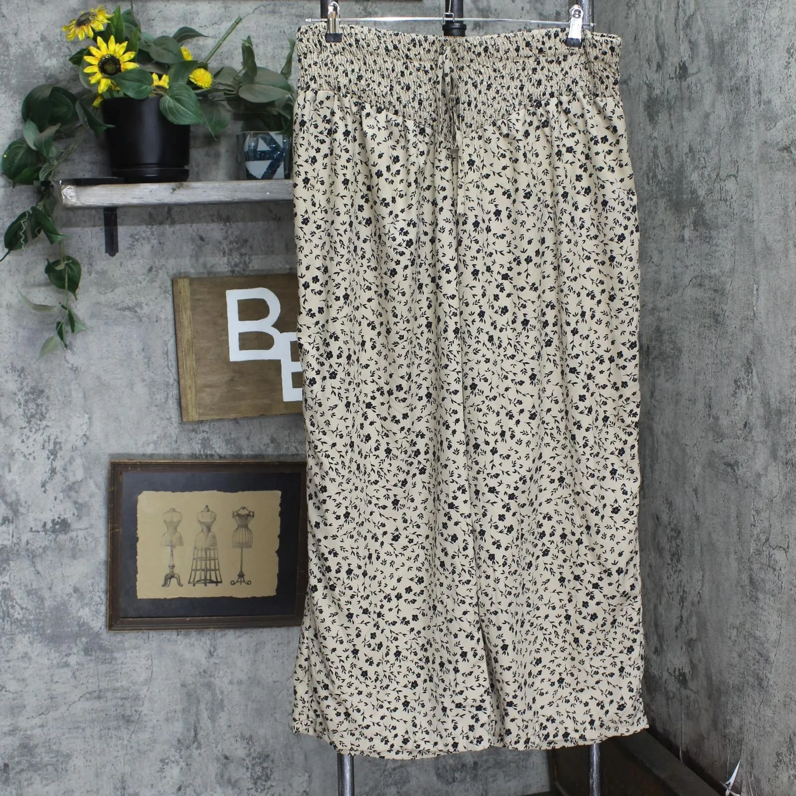 Shein Womens High Waist Drawstring Woven Curve  Pants Brown Floral Black 4XL
