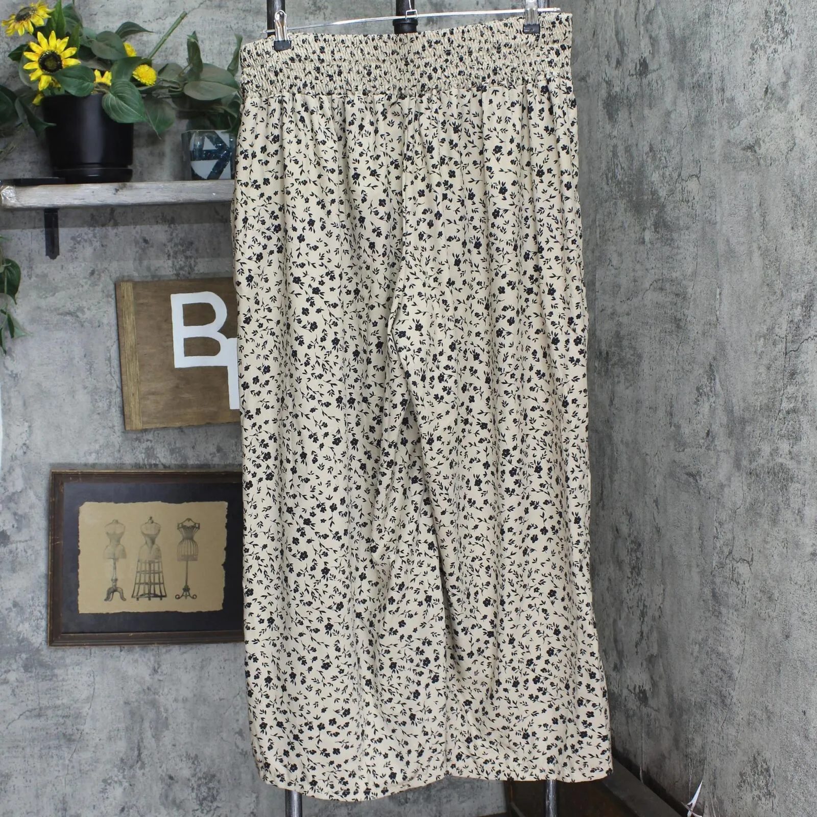 Shein Womens High Waist Drawstring Woven Curve  Pants Brown Floral Black 4XL