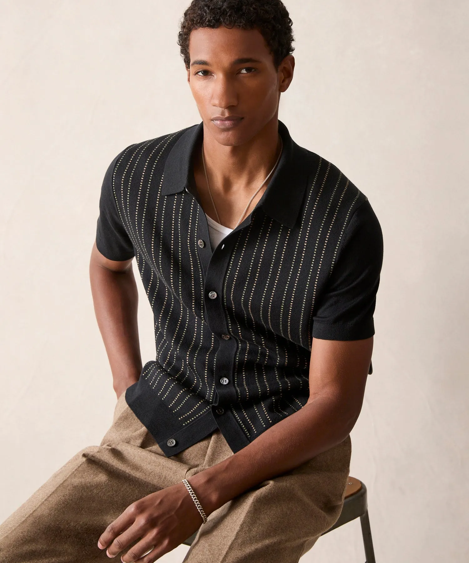 Silk-Cotton Full Placket Sweater Polo