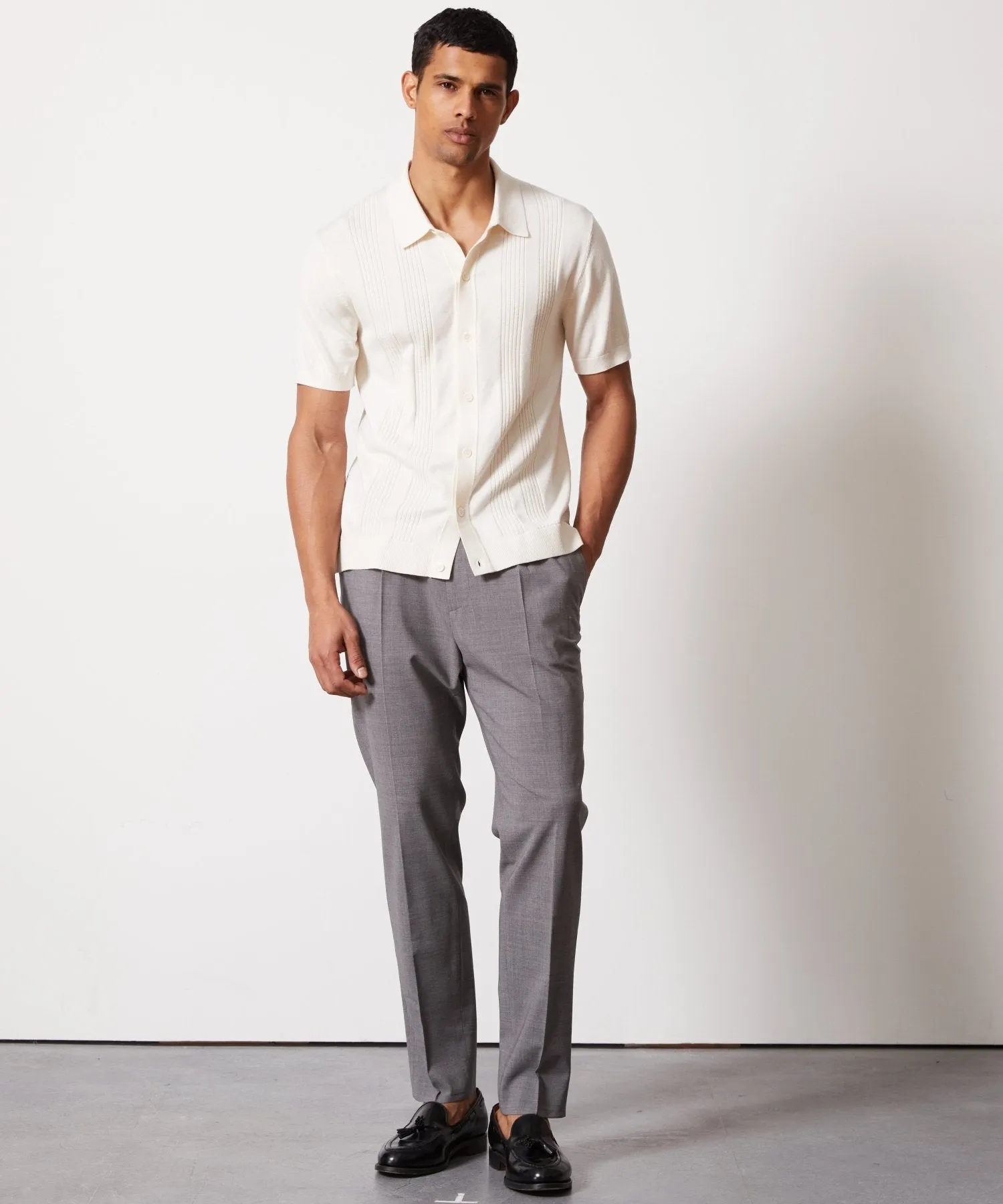 Silk-Cotton Ribbed Full Placket Sweater Polo