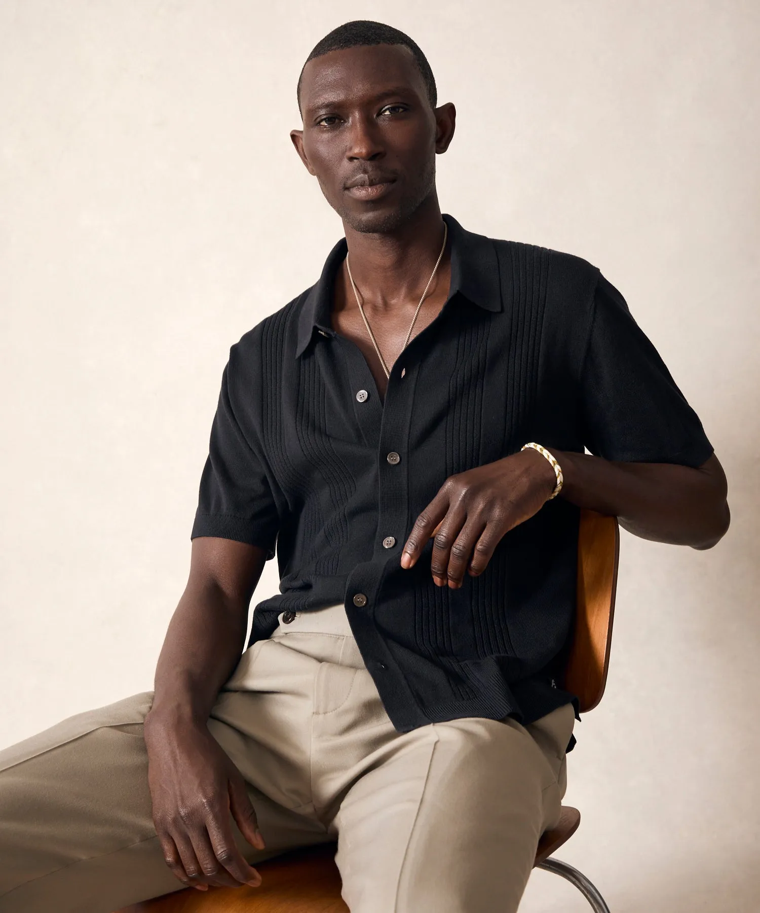 Silk-Cotton Ribbed Full Placket Sweater Polo