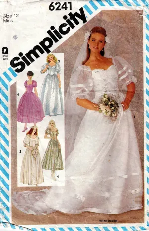 Simplicity 6241 Womens Puff Sleeved Full Skirt Wedding Dress 1980s Vintage Sewing Pattern Size 12 Bust 34 Inches