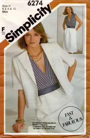Simplicity 6274 Womens Surplice Bodice Dress & Jacket 1980s Vintage Sewing Pattern Size 6 - 10 or 10 - 14