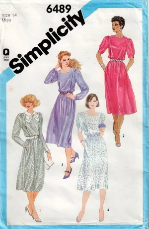 Simplicity 6489 Womens Puff Sleeved Dress with Shoulder Pleats 1980s Vintage Sewing Pattern Size 14 Bust 36 inches UNCUT Factory Folded