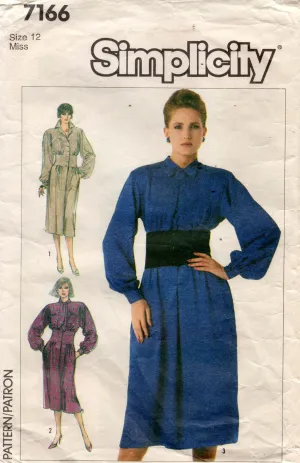Simplicity 7166 Womens Big Sleeved Shirtdress with Wide Midriff Panel 1980s Vintage Sewing Pattern Size 12 Bust 34 inches