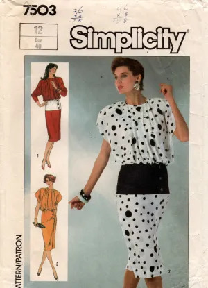 Simplicity 7503 Womens Blouson Dress with Midriff Panel 1980s Vintage Sewing Pattern Size 12 Bust 34 inches