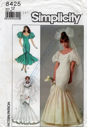 Simplicity 8425 Womens Puff Sleeved Mermaid Hem Flounced Wedding Dress 1980s Vintage Sewing Pattern Size 12 Bust 34 Inches
