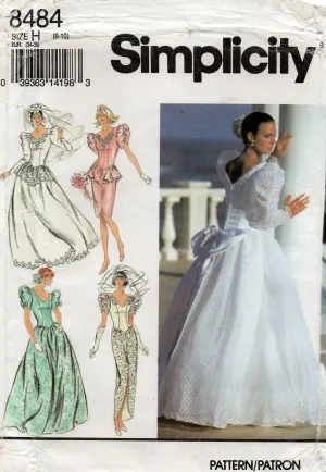 Simplicity 8484 Womens Puff Sleeved Wedding Dress with Peplum Bows V Back 1990s Vintage Sewing Pattern Size 6 - 10 UNCUT Factory Folded