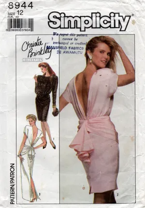 Simplicity 8944 Womens CHRISTIE BRINKLEY Back Cascade Draped Evening Dress 1980s Vintage Sewing Pattern Size 12 Bust 34 inches
