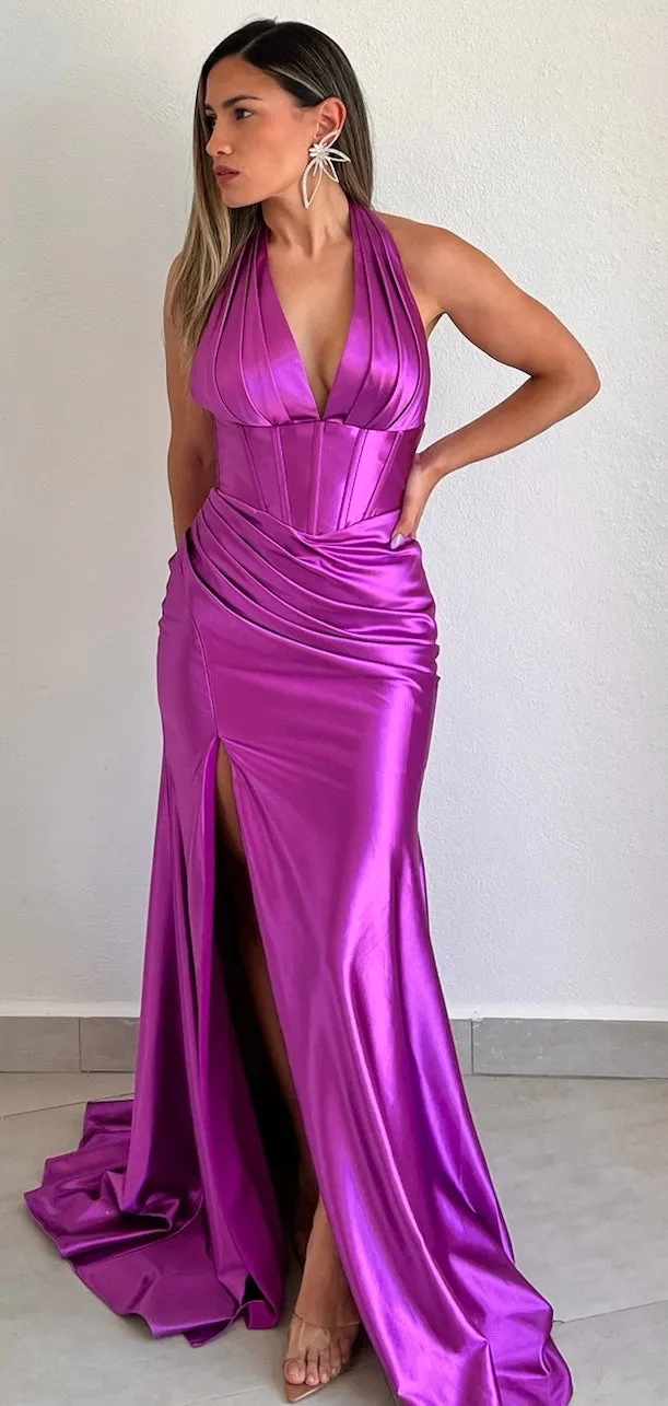 Simply Enchanted Orchid Halter Satin Gown