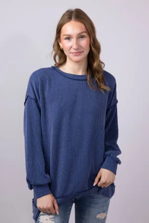Simply Southern Urban Ribbed Knit Hi-Lo Top for Women in Navy | PP-0125-TOP-KNT-HIGHLOW-NAVY