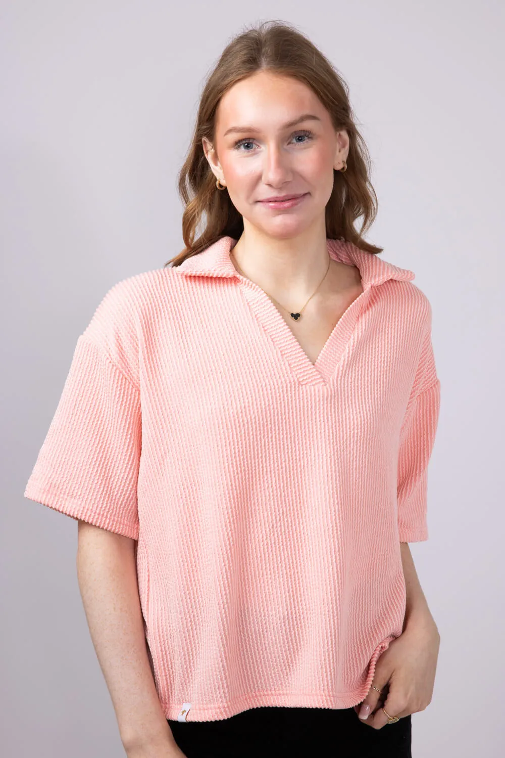 Simply Southern Urban Ribbed Knit Johnny Collar Top for Women in Coral | PP-0125-TEE-KNT-CLLR-CORAL