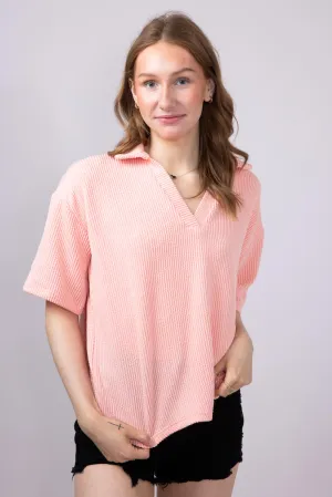 Simply Southern Urban Ribbed Knit Johnny Collar Top for Women in Coral | PP-0125-TEE-KNT-CLLR-CORAL
