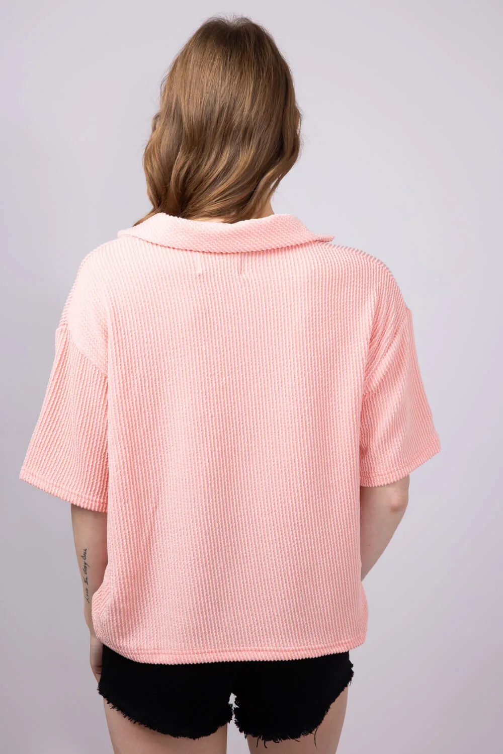 Simply Southern Urban Ribbed Knit Johnny Collar Top for Women in Coral | PP-0125-TEE-KNT-CLLR-CORAL