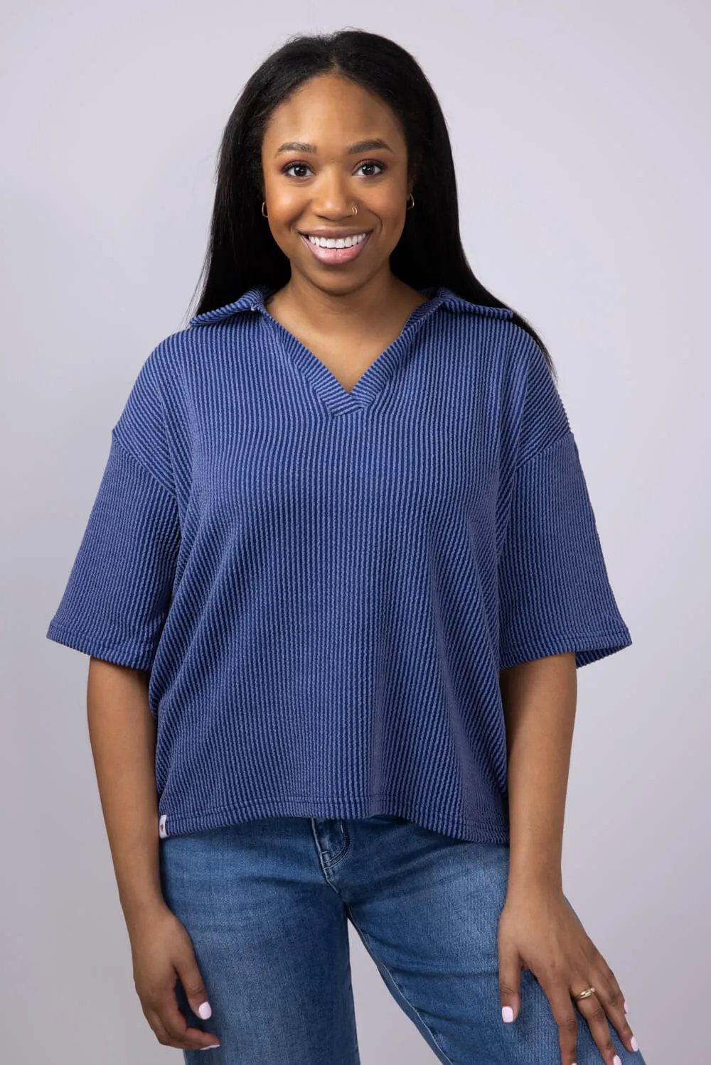 Simply Southern Urban Ribbed Knit Johnny Collar Top for Women in Navy | PP-0125-TEE-KNT-CLLR-NAVY
