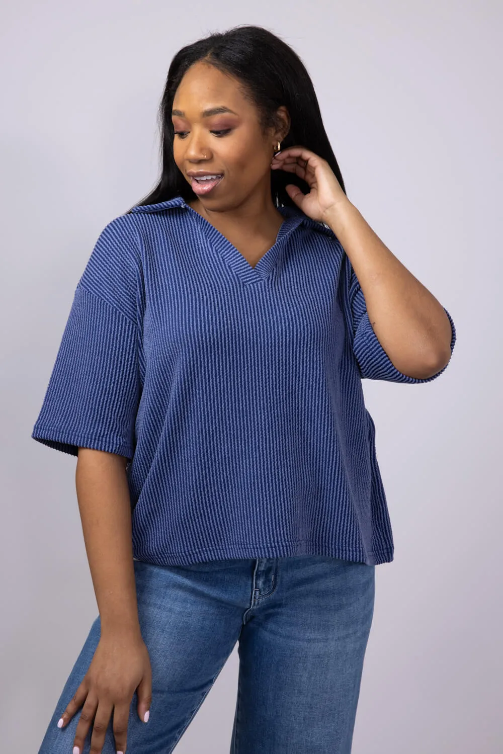 Simply Southern Urban Ribbed Knit Johnny Collar Top for Women in Navy | PP-0125-TEE-KNT-CLLR-NAVY