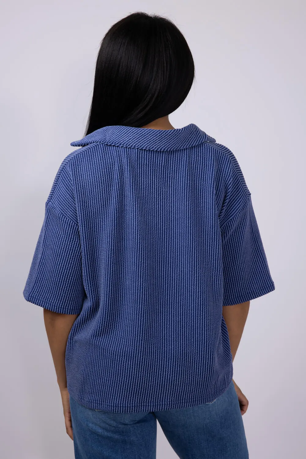 Simply Southern Urban Ribbed Knit Johnny Collar Top for Women in Navy | PP-0125-TEE-KNT-CLLR-NAVY