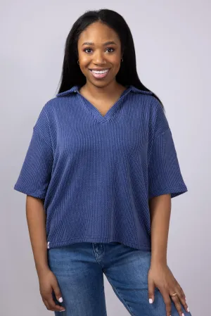 Simply Southern Urban Ribbed Knit Johnny Collar Top for Women in Navy | PP-0125-TEE-KNT-CLLR-NAVY