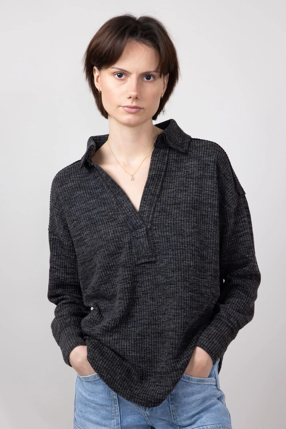 Simply Southern V-neck Collar Top for Women in Charcoal | PP-0224-TOP-KNIT-VNCK-CHAR