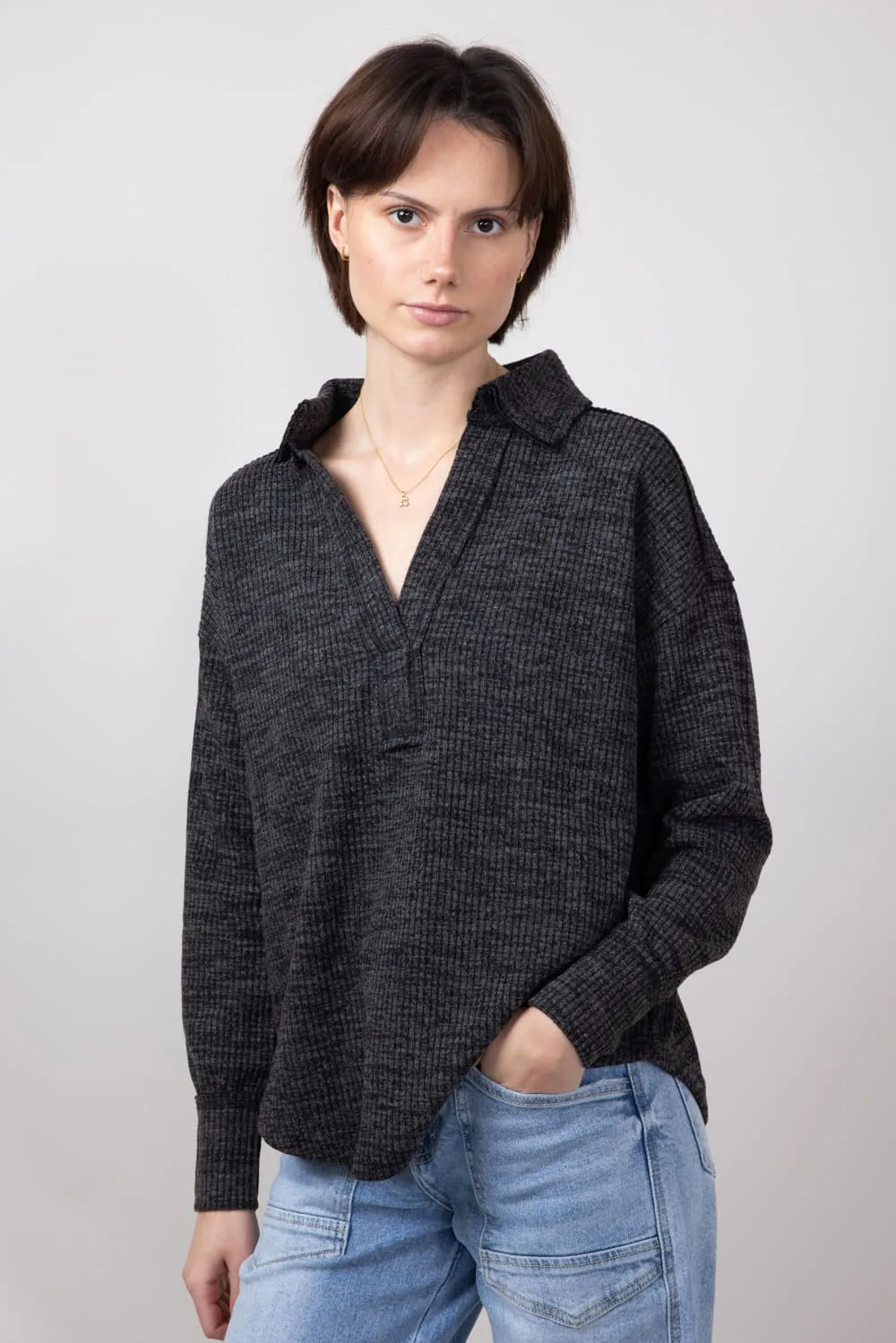 Simply Southern V-neck Collar Top for Women in Charcoal | PP-0224-TOP-KNIT-VNCK-CHAR
