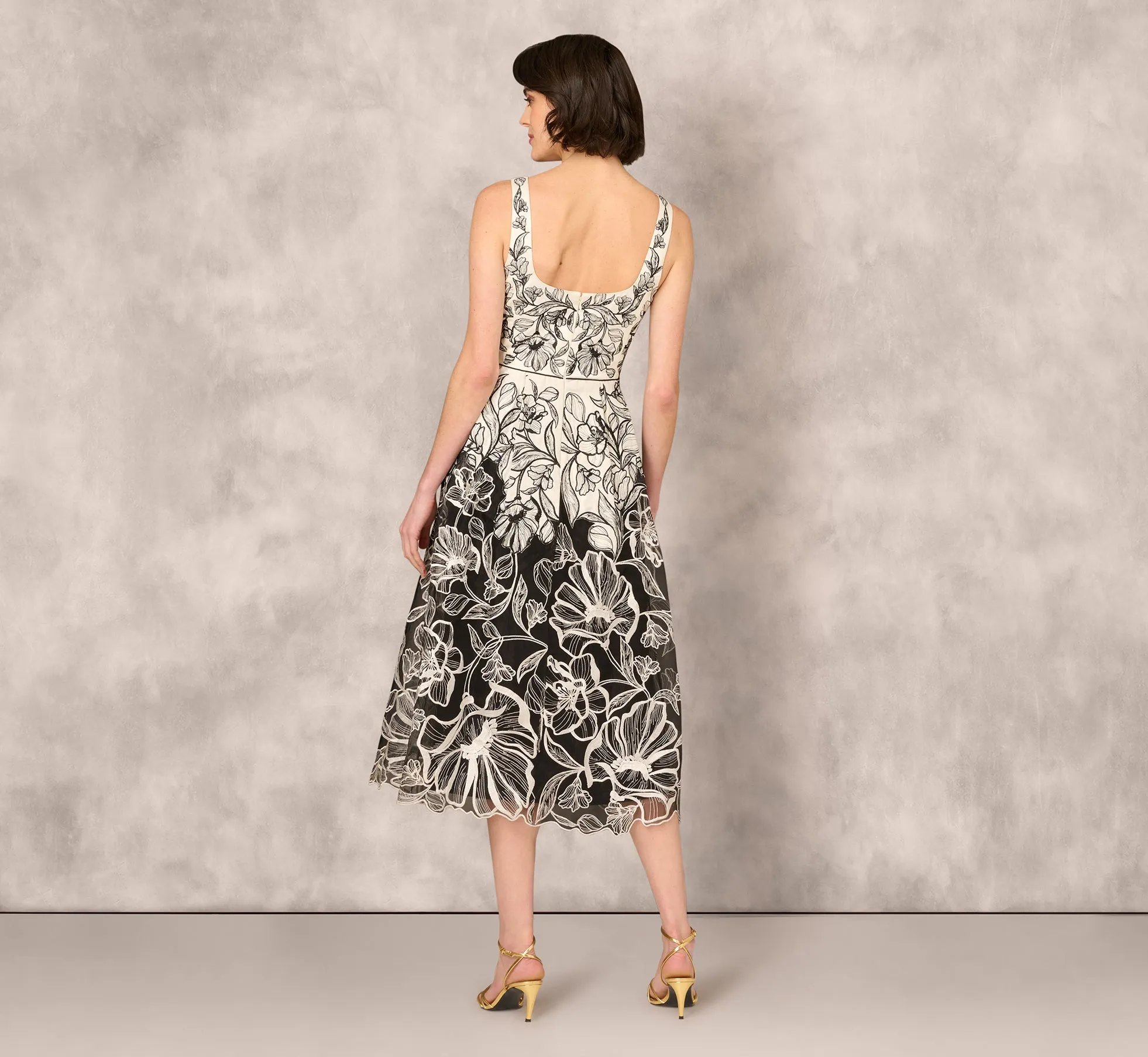 Sleeveless Embroidered Two Tone Midi Dress In Ivory Black