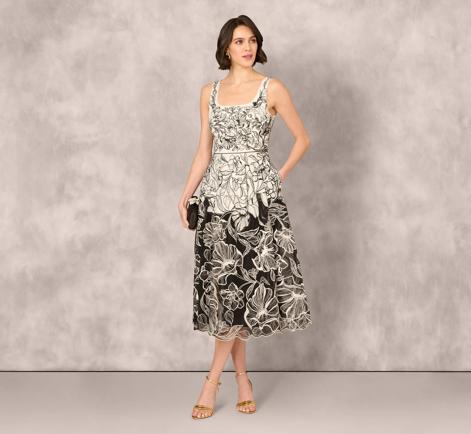 Sleeveless Embroidered Two Tone Midi Dress In Ivory Black