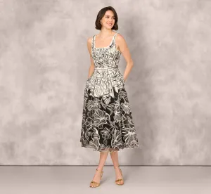 Sleeveless Embroidered Two Tone Midi Dress In Ivory Black