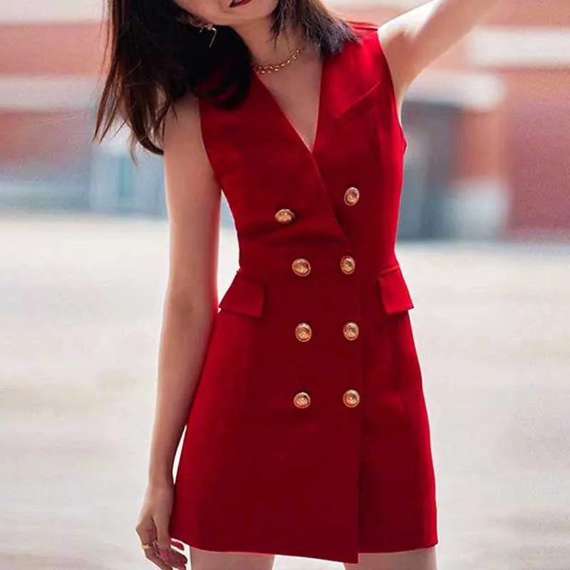 Sleeveless V-Neck Double-Breasted Short A-Line Dresses
