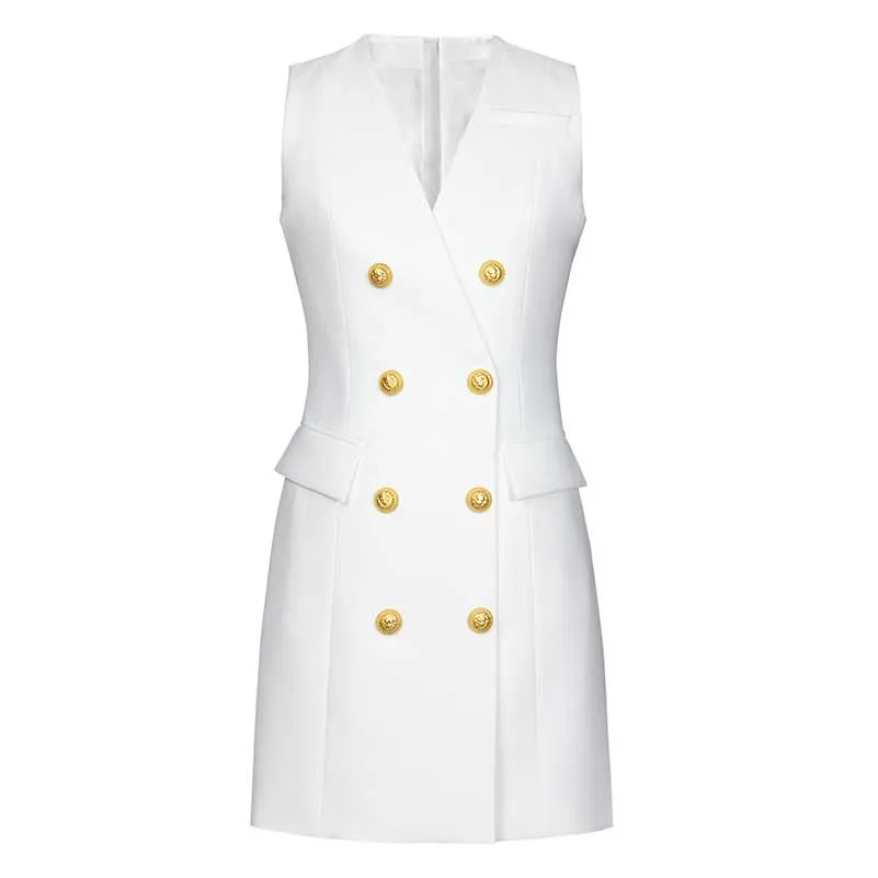 Sleeveless V-Neck Double-Breasted Short A-Line Dresses