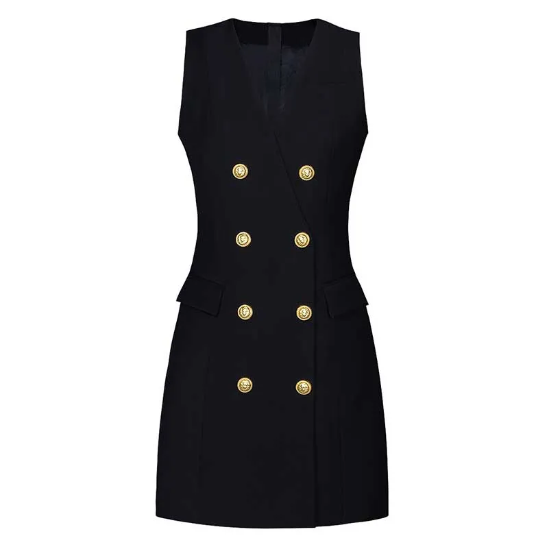Sleeveless V-Neck Double-Breasted Short A-Line Dresses