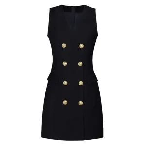 Sleeveless V-Neck Double-Breasted Short A-Line Dresses