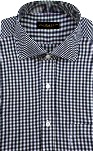 Slim Fit Navy Gingham English Spread Collar Supima® Cotton Non-Iron Broadcloth Dress Shirt