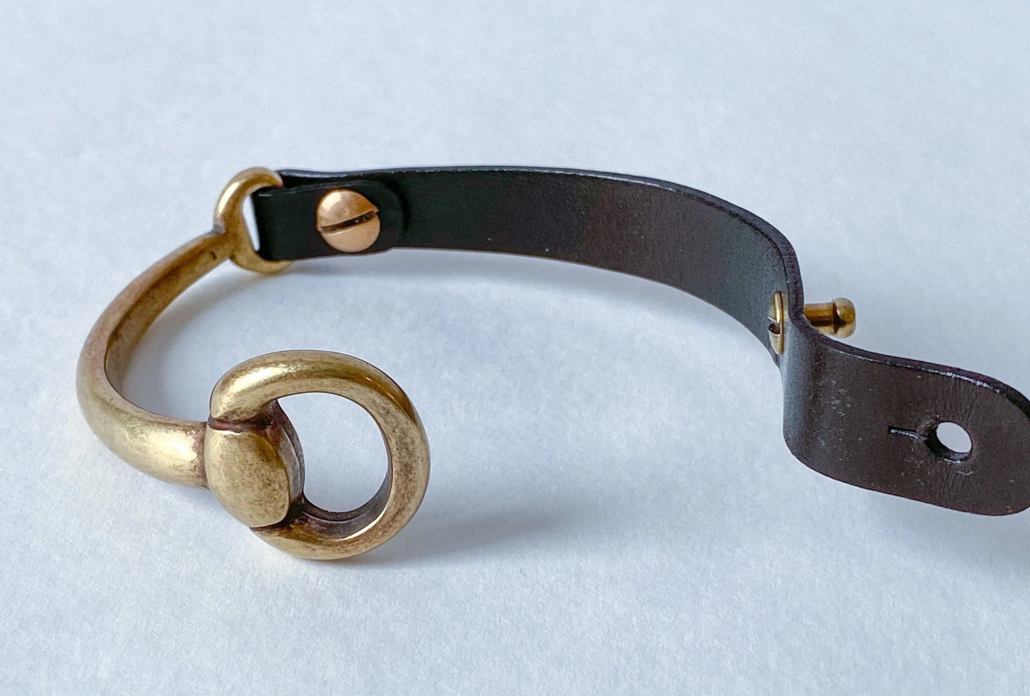 Small Antique Brass Snaffle Bit Bracelet with Black Leather Cuff